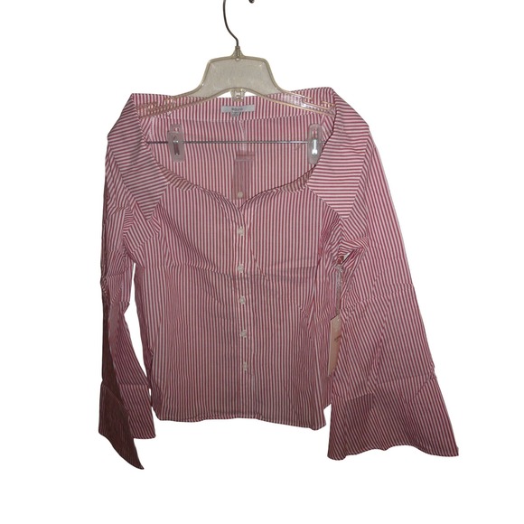 Blashe Striped Off Shoulder Bell Sleeve Square Neck Button Up Blouse M - Picture 4 of 9
